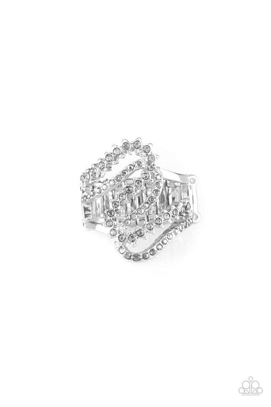 Make Waves Silver Hematite And Smoky Rhinestone Ring Paparazzi R0240