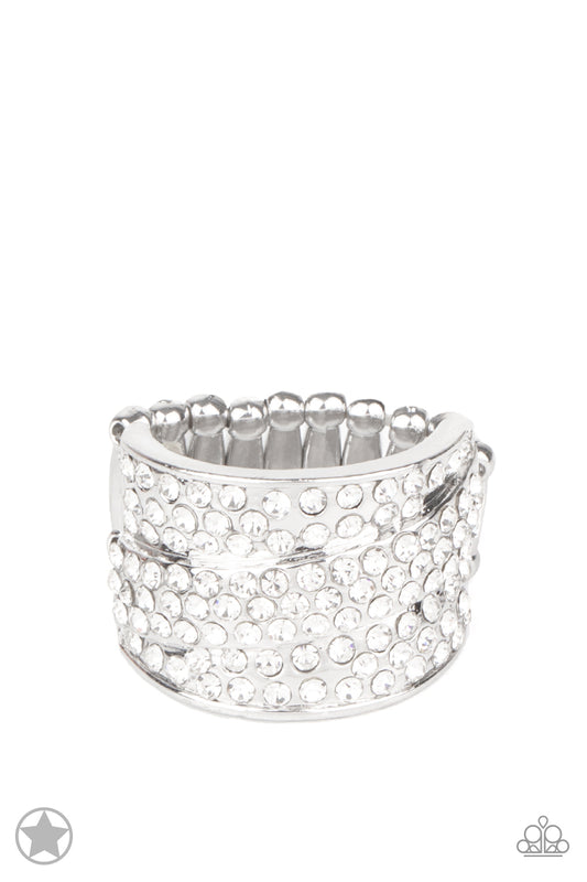 The Millionaires Club White Rhinestone Blockbuster Ring Paparazzi R0035