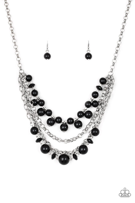 Rockin' Rockette Black & Crystal-Like Bead Silver Chain Layered Necklace Paparazzi N0239