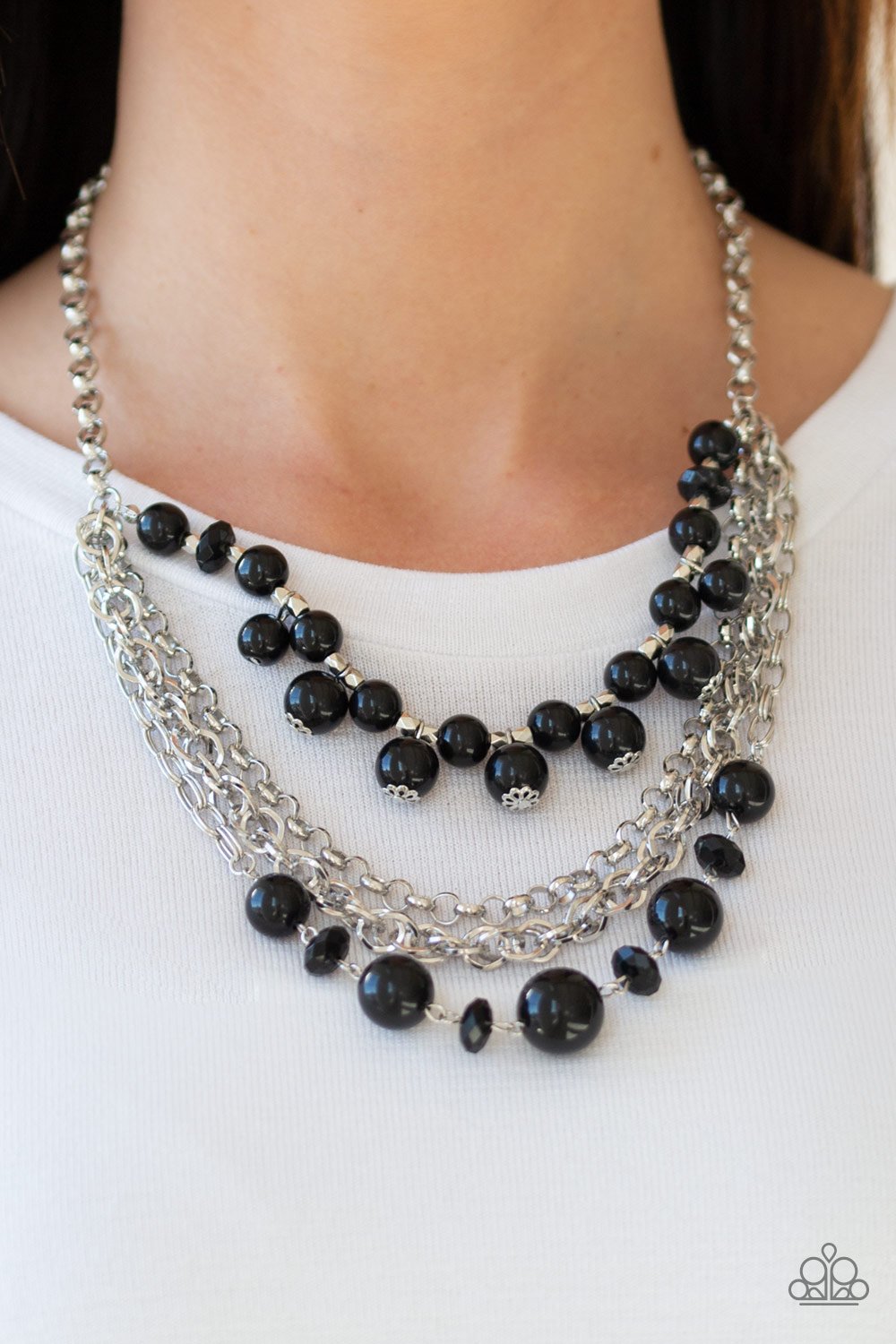 Rockin' Rockette Black & Crystal-Like Bead Silver Chain Layered Necklace Paparazzi N0239