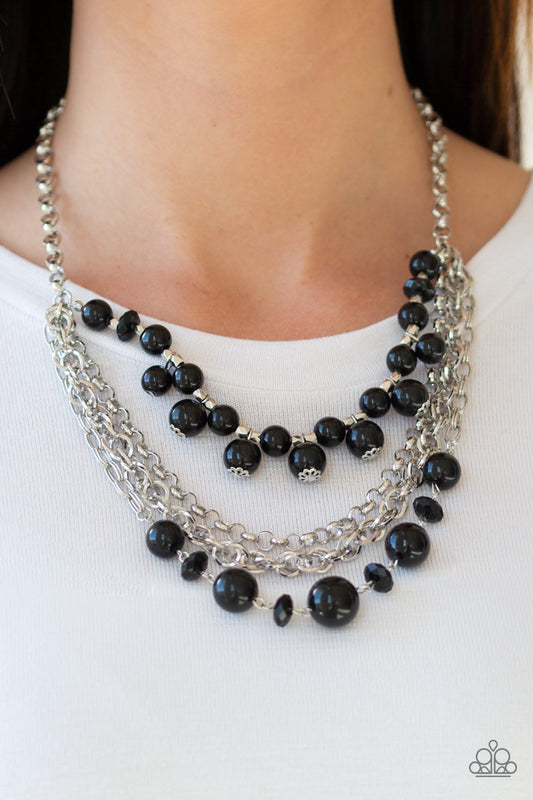 Rockin' Rockette Black & Crystal-Like Bead Silver Chain Layered Necklace Paparazzi N0239