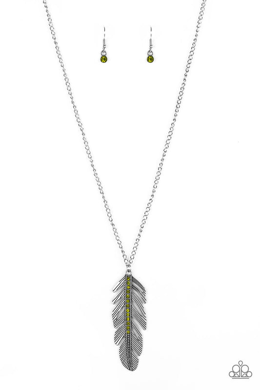 Sky Quest Green Rhinestone Feather Necklace Paparazzi N0156