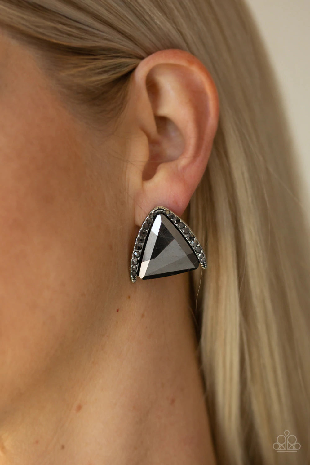 Exalted Elegance Silver Hematite Rhinestone Gem Post Earring Paparazzi E0687