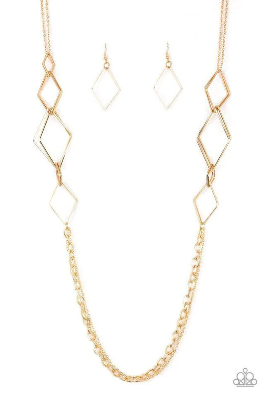 Fashion Fave Gold Diamond Shape Frame And Chain Necklace Paparazzi N0098