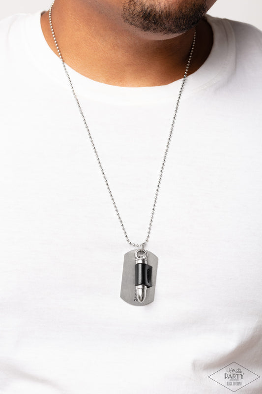 Proud Patriot - Black Leather Silver Bullet Necklace Black Diamond Life Of The Party Paparazzi N1430