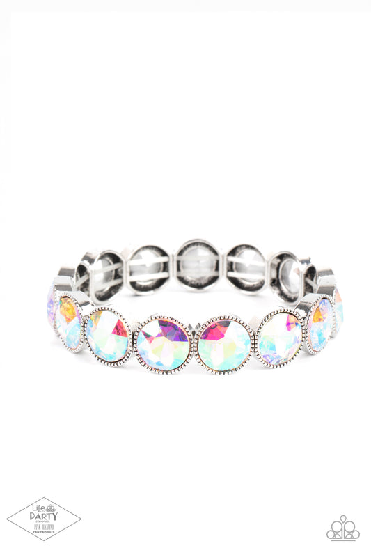 Number One Knockout - Multi Iridescent Gem Silver Stretch Bracelet Life Of The Party Black Diamond Exclusive Paparazzi B1010