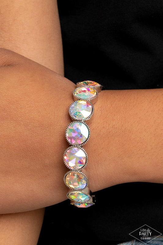 Number One Knockout - Multi Iridescent Gem Silver Stretch Bracelet Life Of The Party Black Diamond Exclusive Paparazzi B1010