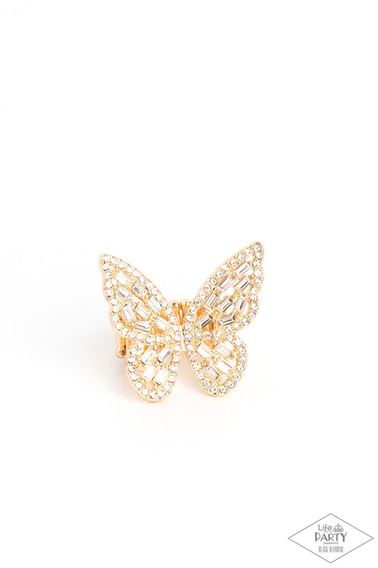 Paparazzi Flauntable Flutter - Gold White Rhinestone Butterfly Ring Life Of The Party Black Diamond Exclusive R0416