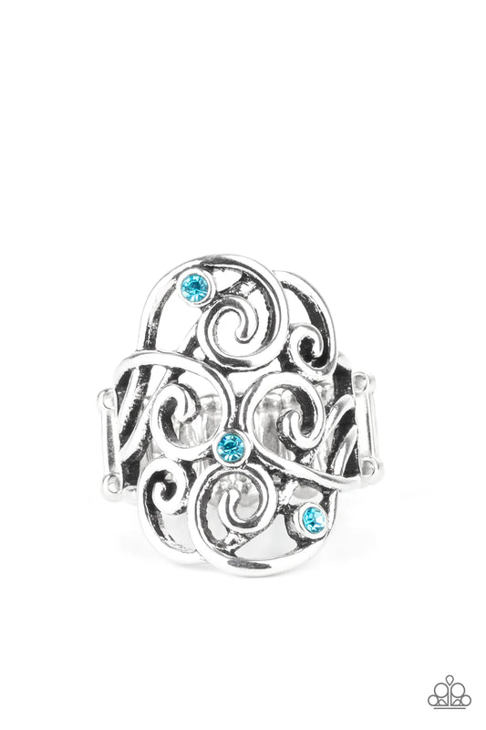 Frill Out Blue Rhinestone Silver Filigree Ring Paparazzi R0075