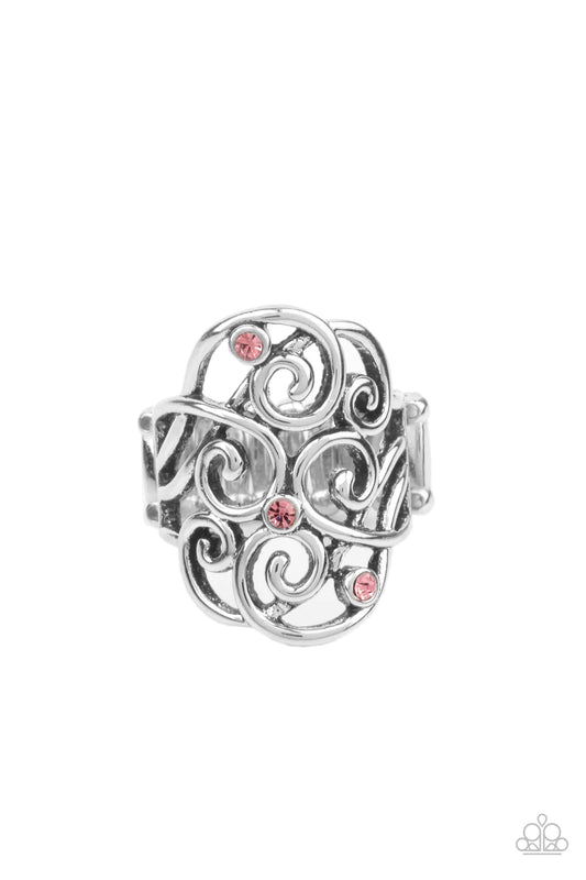 Frill Out Pink Rhinestone Silver Filigree Ring Paparazzi R0054