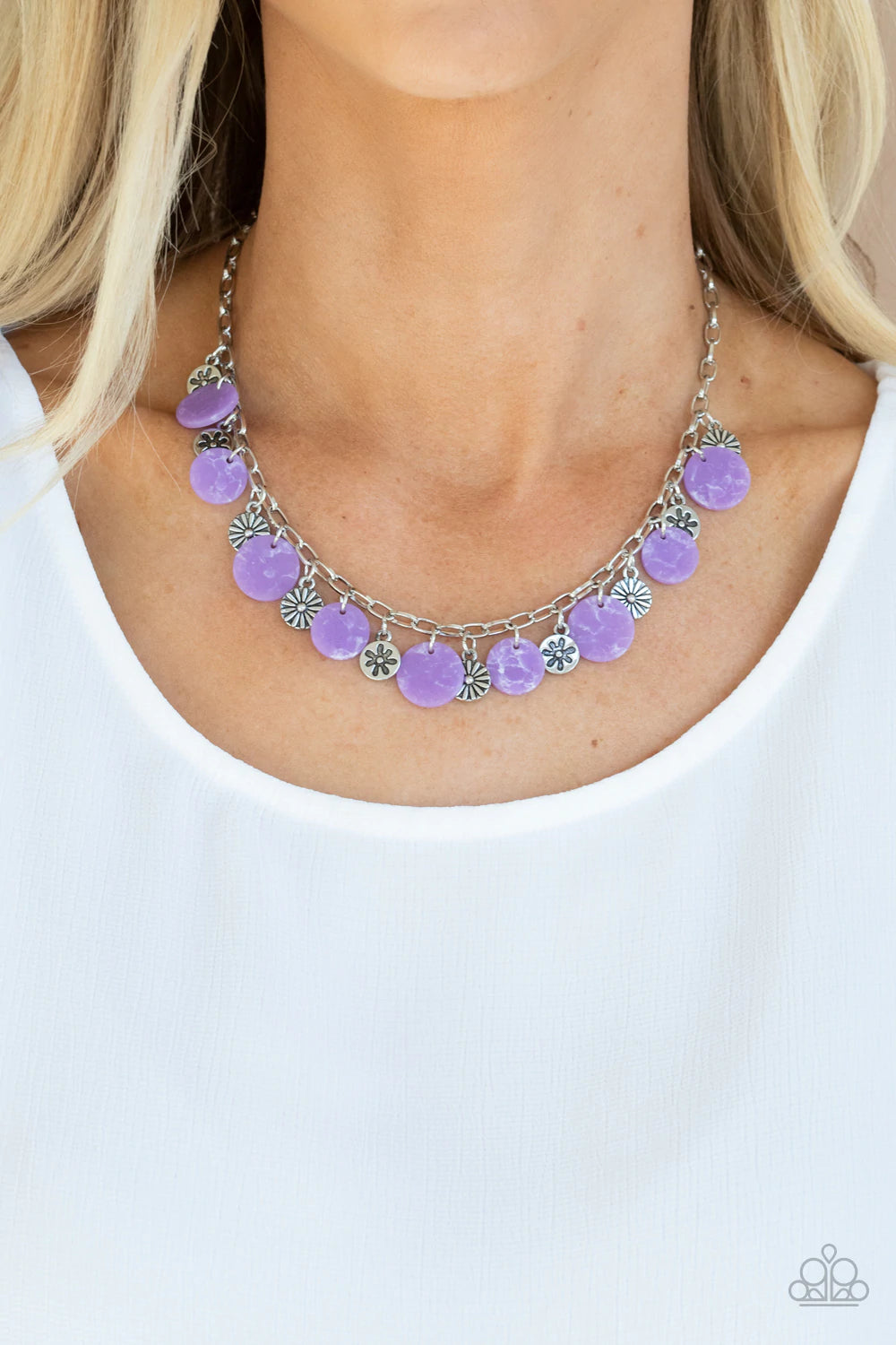 Flower Powered Purple Silver Floral Charm Necklace N0157
