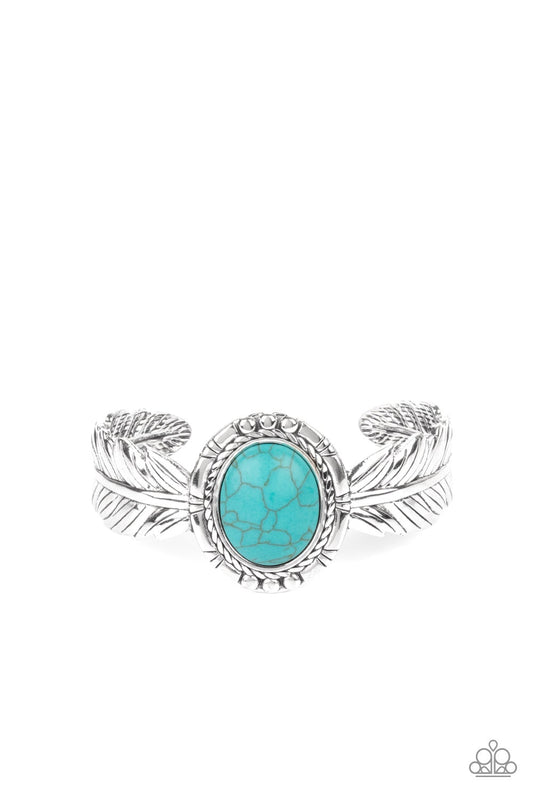 Western Wings Blue Turquoise Stone Silver Feather Santa Fe Style Cuff Bracelet Paparazzi B0046
