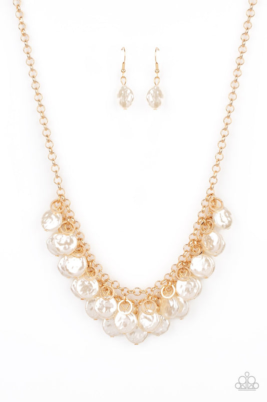 Beachfront And Center Gold & Pearly White Bead Necklace N0083