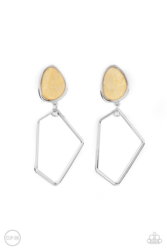 RETRO REVERIE - YELLOW STONE SILVER GEOMETRIC CLIP-ON EARRINGS - PAPARAZZI E0277