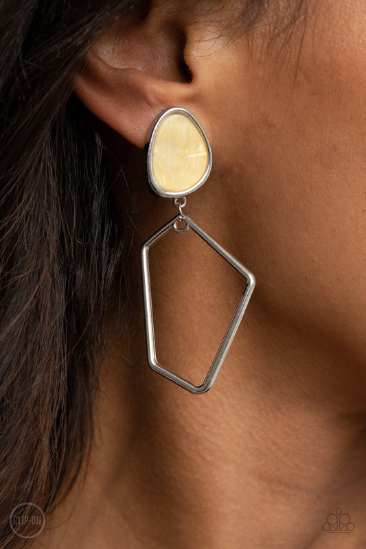 RETRO REVERIE - YELLOW STONE SILVER GEOMETRIC CLIP-ON EARRINGS - PAPARAZZI E0277