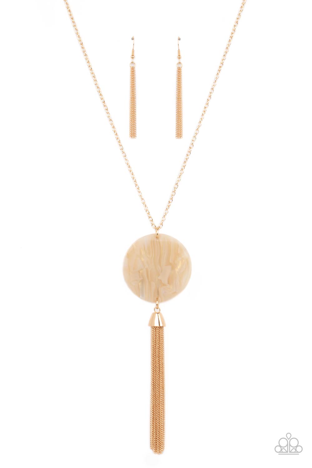 Up FAUX Grabs White Acrylic Disc Gold Tassel Necklace N0159