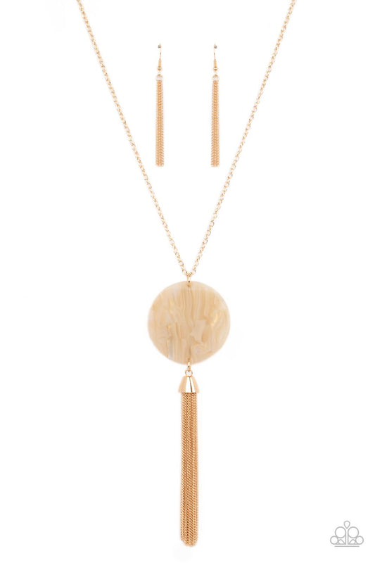 Up FAUX Grabs White Acrylic Disc Gold Tassel Necklace N0159