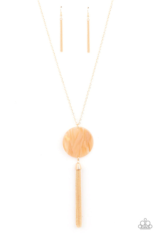 Up Faux Grabs Orange Acrylic Shell Disc Gold Tassel Necklace N0033