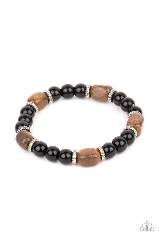 UNITY - BROWN TIGER'S EYE AND BLACK BEAD STRETCHY BRACELET - PAPARAZZI B0217