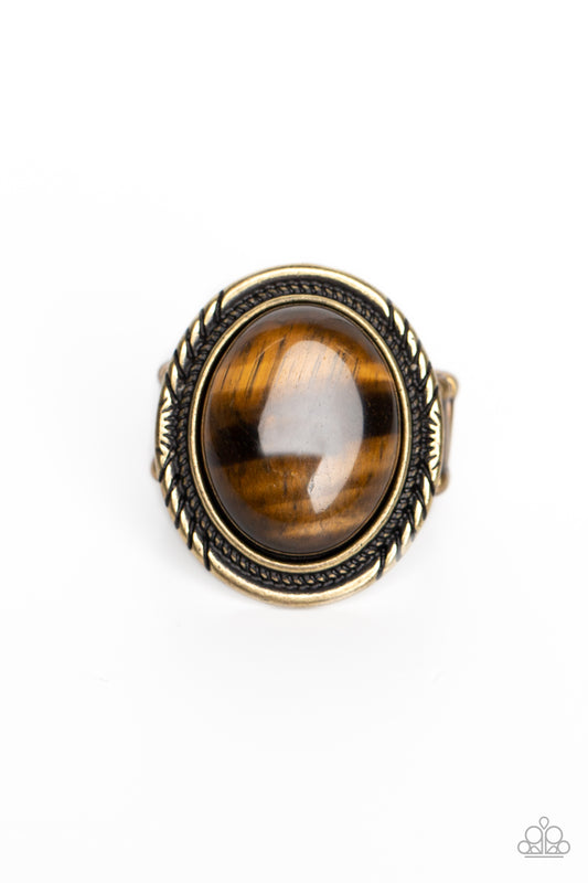 Stone Terrarium - Brass & Tiger's Eye Stone Ring Paparazzi R0465