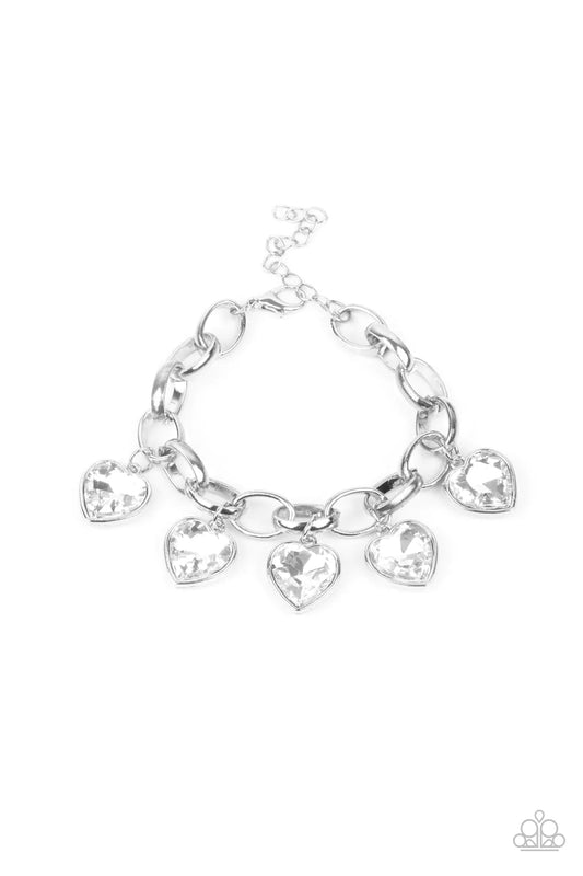 Candy Heart Charmer White Heart Gem Silver Charm Bracelet Paparazzi B0929