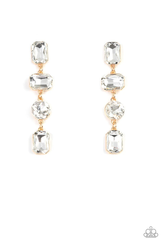 Cosmic Heiress Gold Teardrop White Rhinestone Chandelier Earring Paparazzi E0166