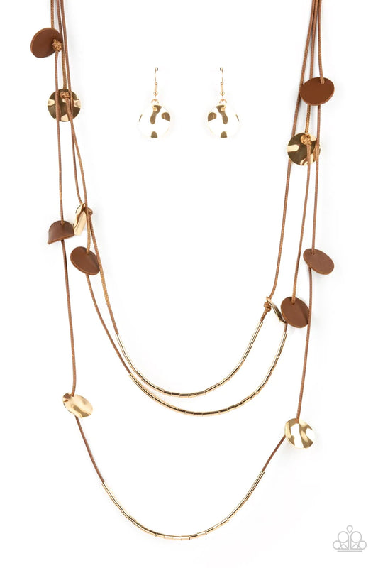 Paparazzi Alluring Luxe Brown Leather Cord and Gold Disc Necklace N0765