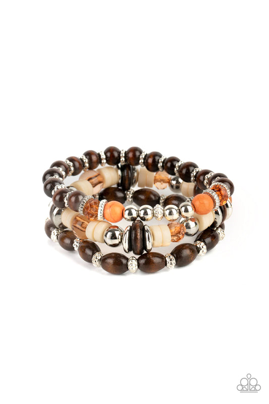 Belongs In The Wild Multi Brown Wood, Silver, Orange Stone Stretch Bracelet Paparazzi B0540