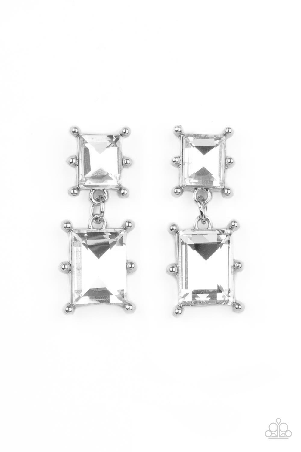 Cosmic Queen - White Rhinestone Baguette Earring Paparazzi E1158