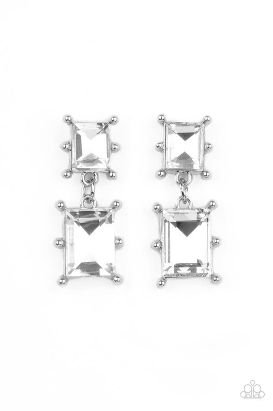 Cosmic Queen - White Rhinestone Baguette Earring Paparazzi E1158