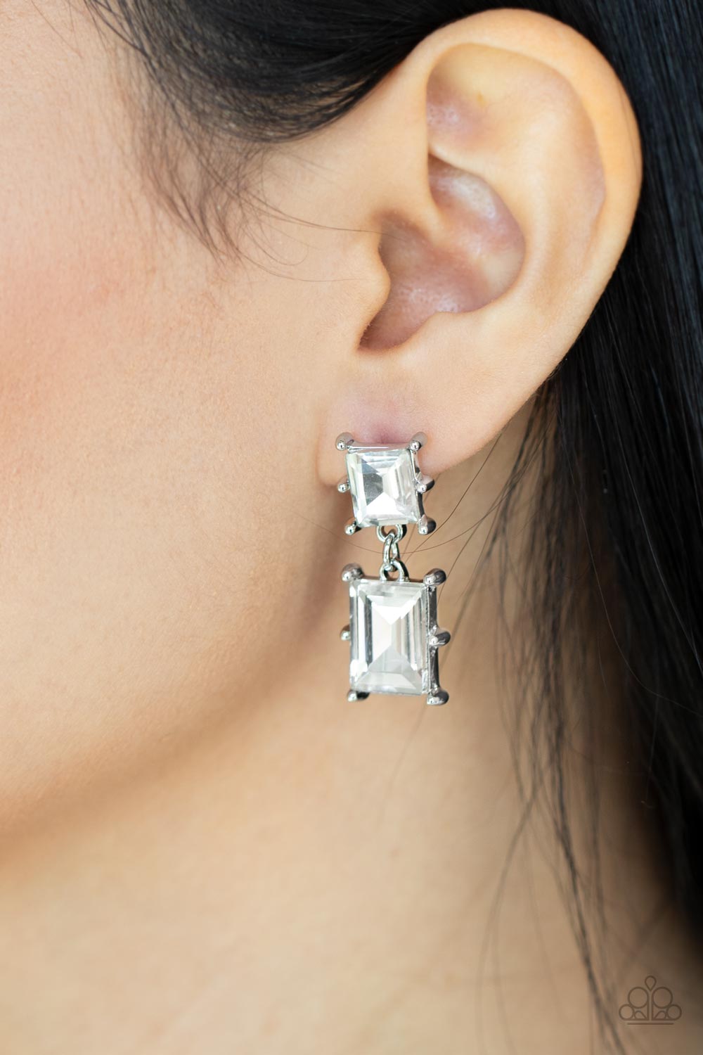 Cosmic Queen - White Rhinestone Baguette Earring Paparazzi E1158