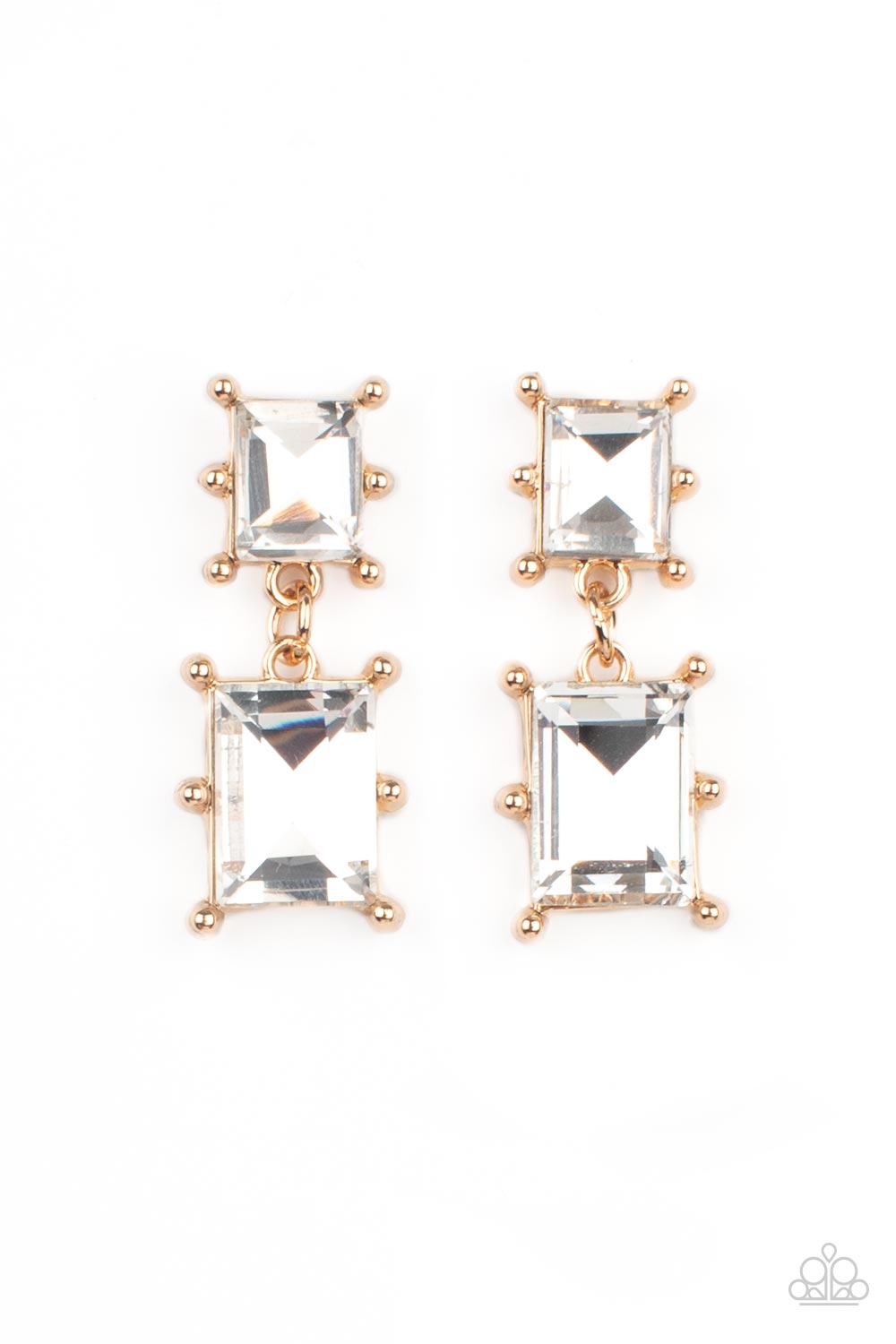 Cosmic Queen - Gold & White Rhinestone Baguette Earring Paparazzi E1189