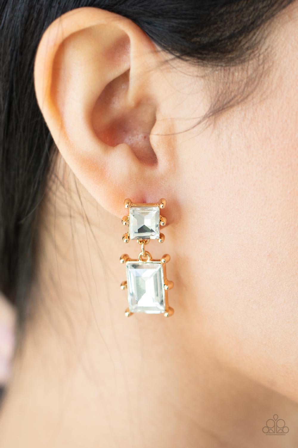 Cosmic Queen - Gold & White Rhinestone Baguette Earring Paparazzi E1189