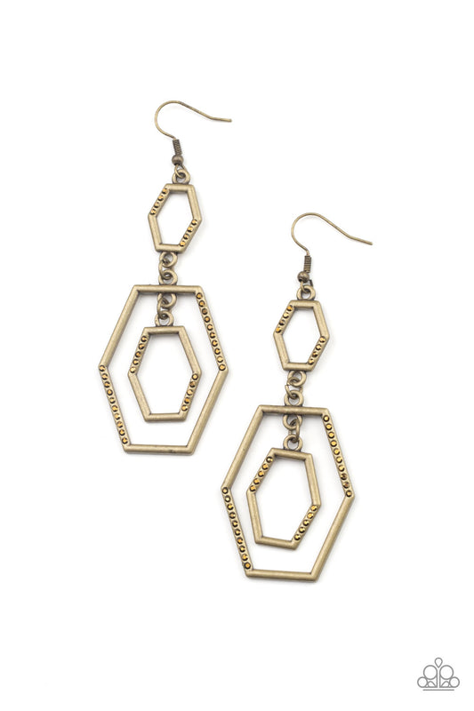 Geometric Maven - Brass & Aurum Rhinestone Hexagonal Frame Earring Paparazzi E0392