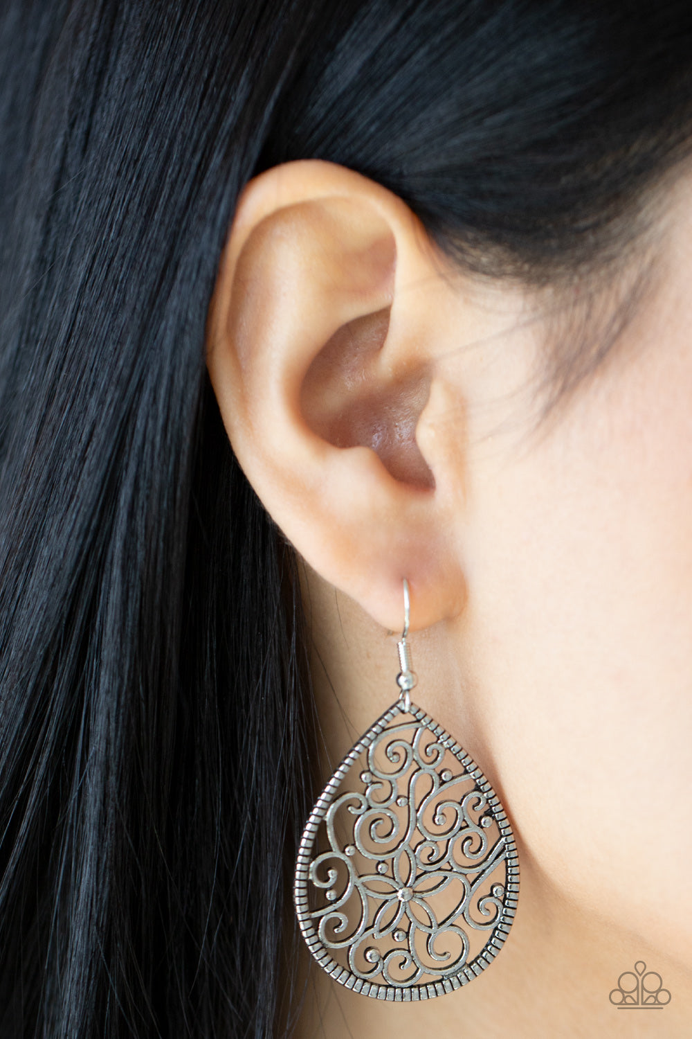 Tour de Garden - Silver Filigree Teardrop Earring Paparazzi E0263