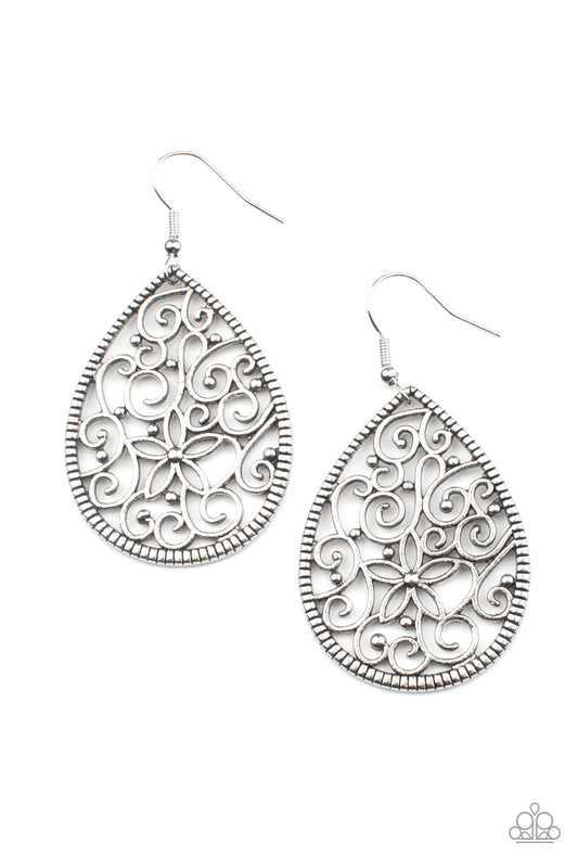 Tour de Garden - Silver Filigree Teardrop Earring Paparazzi E0263