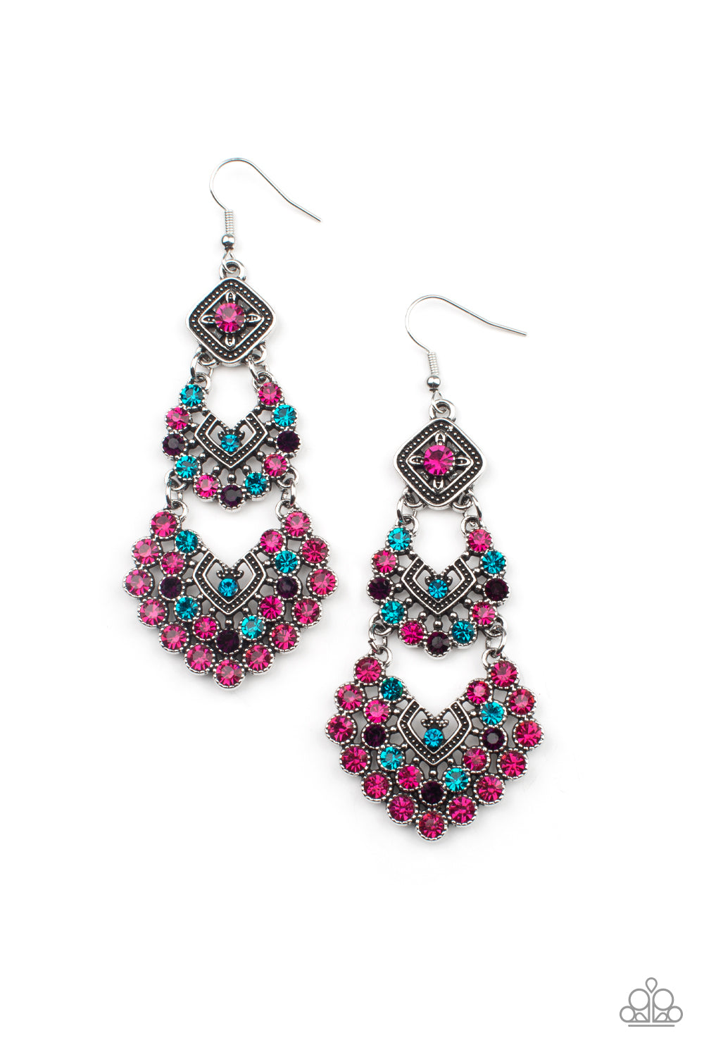 All For The GLAM - Multicolored Pink and Blue Rhinestone Chandelier Earring Paparazzi E0354