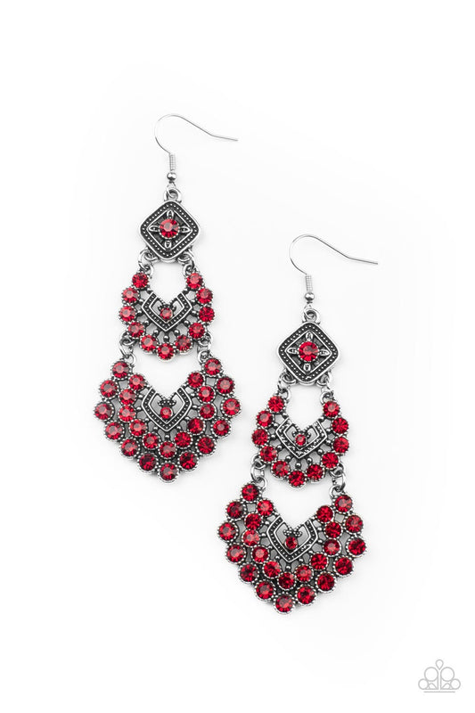All For The GLAM - Red Fiery Rhinestone Chandelier Earring Paparazzi E1248