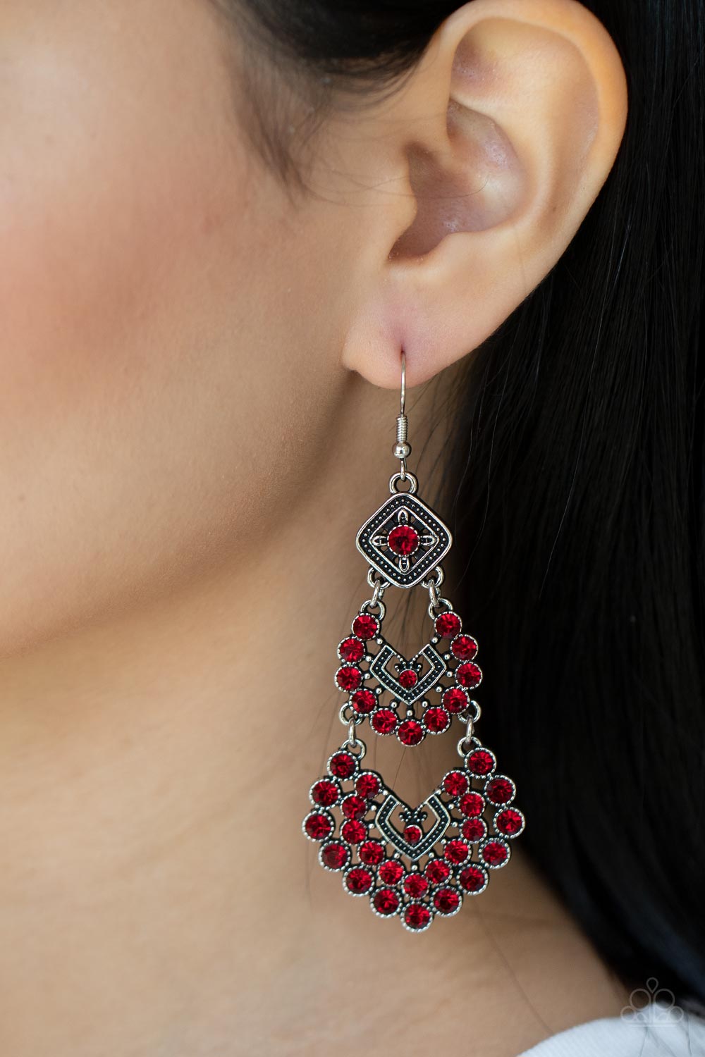 All For The GLAM - Red Fiery Rhinestone Chandelier Earring Paparazzi E1248