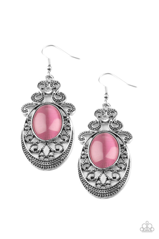 Garden Gondola Ride - Pink Cat's Eye & White Rhinestone Earring Paparazzi E1518