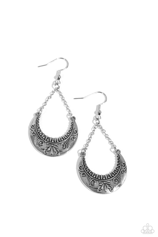 All in the PASTURE - Silver Half Moon Flowery Filigree Chandelier Earring Paparazzi E1888