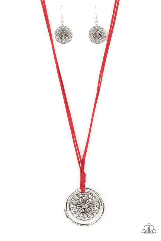 One Mandala Show Red Suede Cord Silver Ring Necklace Paparazzi N0977