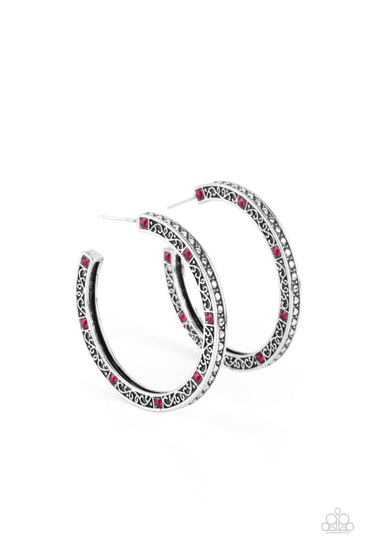 Richly Royal - Pink Rhinestone Filigree Hoop Earring Paparazzi E1125