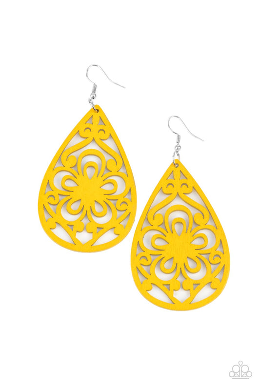 Paparazzi Marine Eden - Yellow Floral Wooden Teardrop Earring E1513