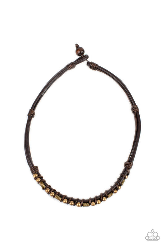 Westside Wrangler - Brass And Brown Leather Urban Button Loop Closure Necklace Paparazzi N1149