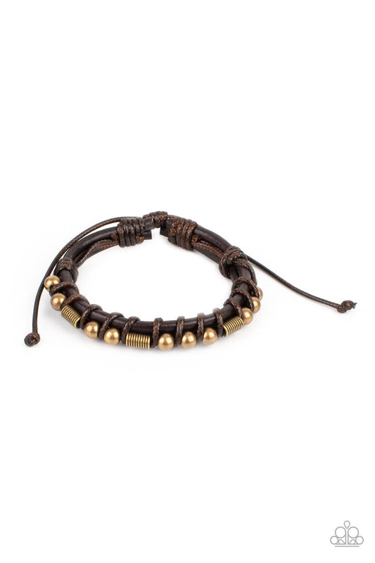 Bronco Brawler - Brass And Brown Leather Urban Sliding Knot Closure Bracelet Paparazzi B0572