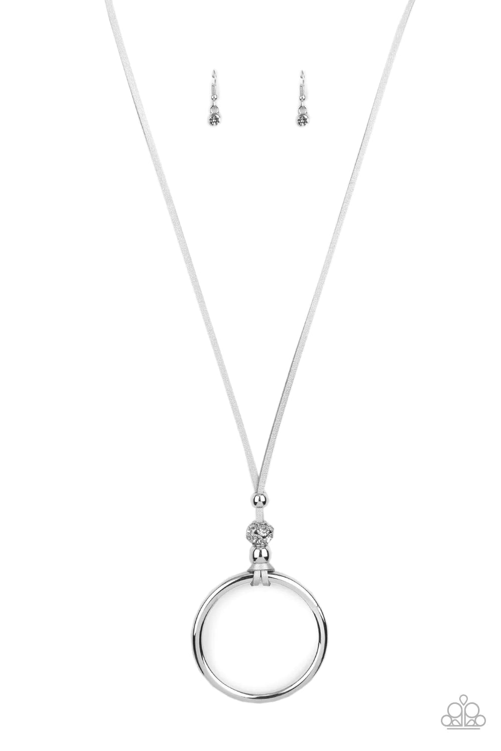 Bling Into Focus Silver Circle Gray Leather Cording Necklace Paparazzi N1091