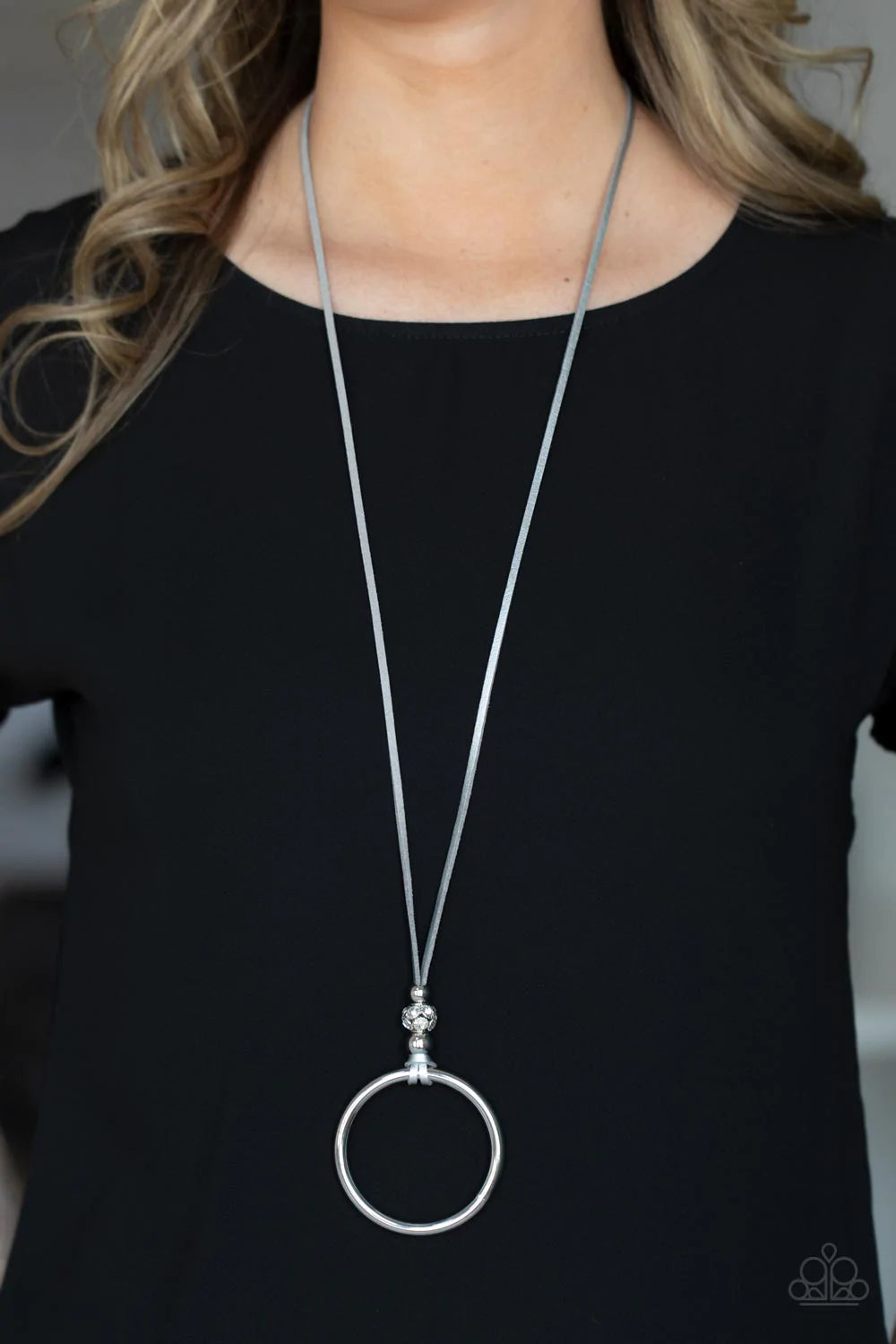 Bling Into Focus Silver Circle Gray Leather Cording Necklace Paparazzi N1091
