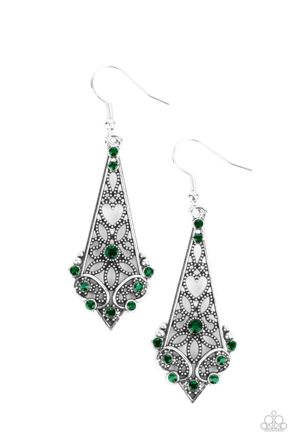 Casablanca Charisma - Green Silver Heart Flower Filigree Earring Paparazzi E0492