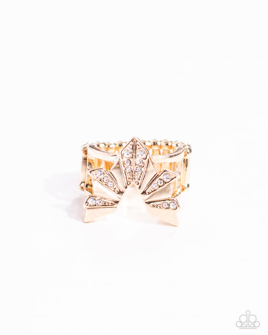 Extra Empirical - Gold & White Rhinestone Flared Frame Ring Paparazzi R0669
